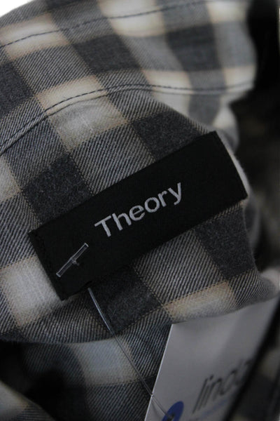 Theory Mens Point Collar Button-Up Check Shirt Beige Cotton Long Sleeve Size L
