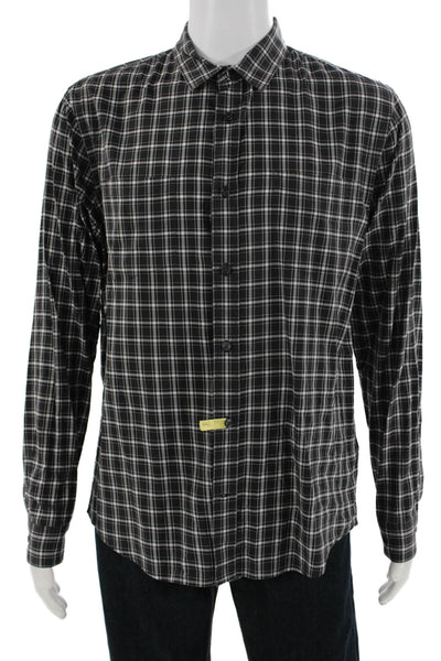 Vince Mens Button-Down Dress Shirt Black Plaid 100% Cotton Long Sleeve Size L