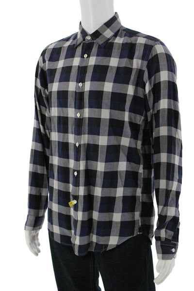 Hartford Mens Cotton Plaid Collar Long Sleeve Button Down Shirt Blue Size L
