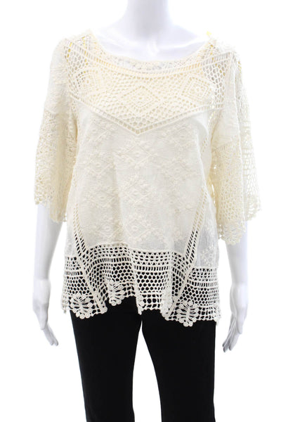 Democracy Women Tunic Blouse Beige 3/4 Sleeve Round Neck Bohemian Size S