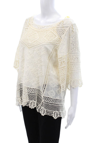 Democracy Women Tunic Blouse Beige 3/4 Sleeve Round Neck Bohemian Size S