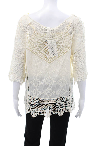 Democracy Women Tunic Blouse Beige 3/4 Sleeve Round Neck Bohemian Size S