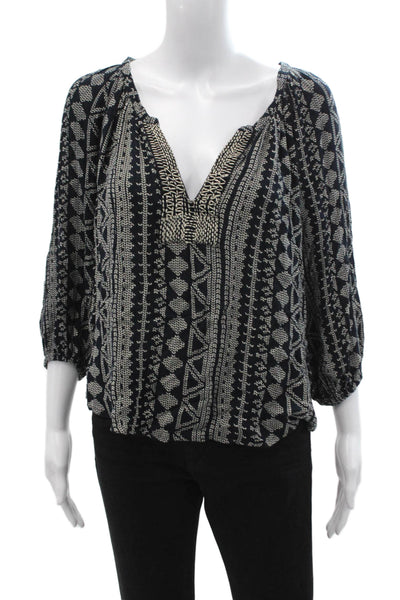 Velvet Women Tunic Black V-Neck 3/4 Sleeve Geometric Viscose Boho Size S