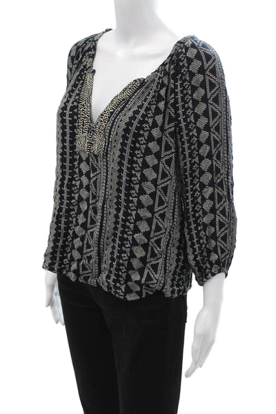 Velvet Women Tunic Black V-Neck 3/4 Sleeve Geometric Viscose Boho Size S