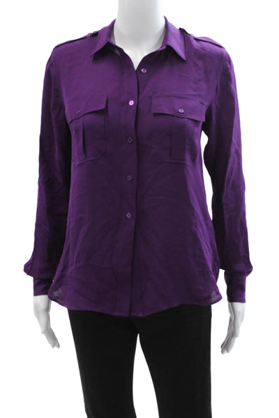 Theory Womens Petite Silk Collared Long Sleeve Button Up Blouse Purple Size S