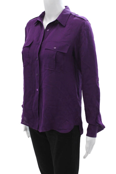 Theory Womens Petite Silk Collared Long Sleeve Button Up Blouse Purple Size S