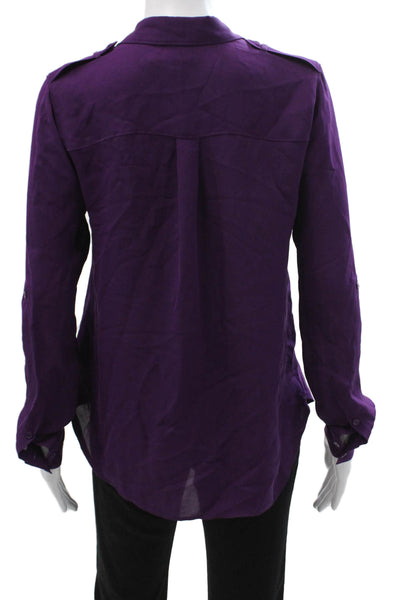Theory Womens Petite Silk Collared Long Sleeve Button Up Blouse Purple Size S