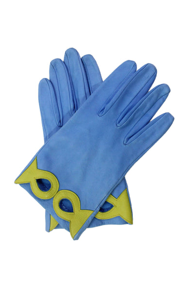 Shaneen Huxham Womens Yellow Blue Laser Cut Leather Gloves Size 7.5