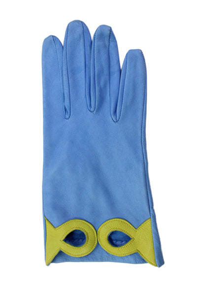 Shaneen Huxham Womens Yellow Blue Laser Cut Leather Gloves Size 7.5