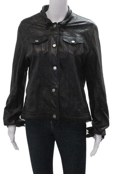 JKT Womens Biker Leather Jacket Black Button Size L
