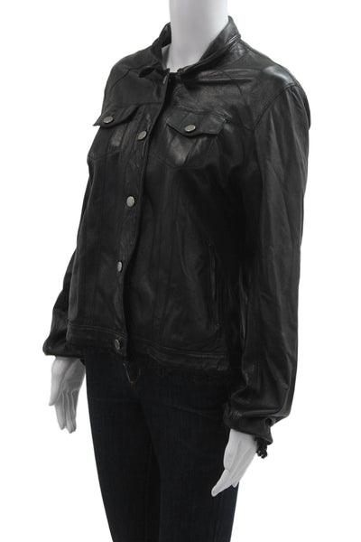 JKT Womens Biker Leather Jacket Black Button Size L