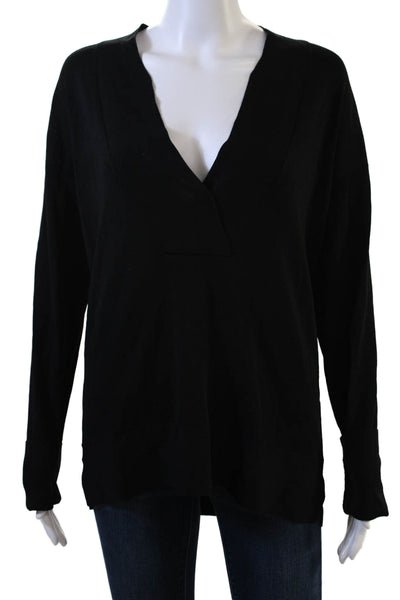 Brochu Walker Women V-Neck Long Sleeve Basic Top Black Viscose Blend Size M