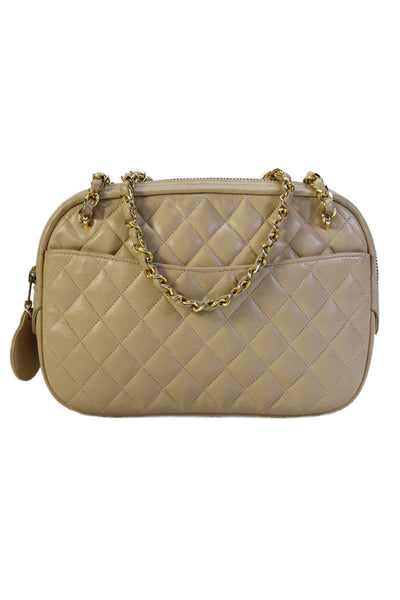 Chanel Womens Leather Quilted Chain Strap Shoulder Bag Beige