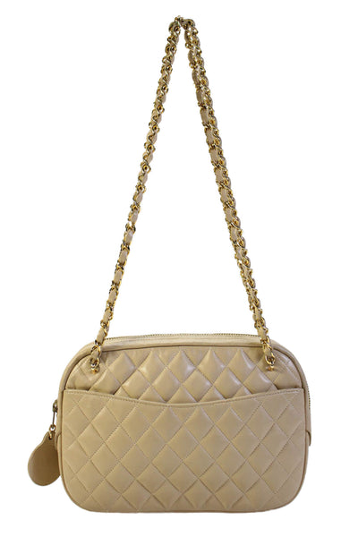 Chanel Womens Leather Quilted Chain Strap Shoulder Bag Beige