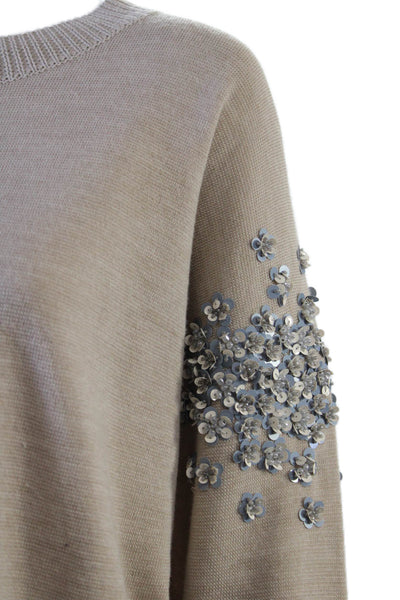 J Crew Womens Beige Floral Pullover Sweater Crew Neck Long Sleeve Size S