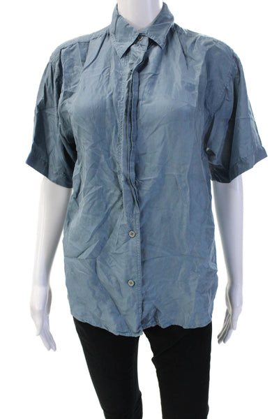 Pure Silk Mens Button-Down Collared Silk Shirt Blue Long Sleeve Size S
