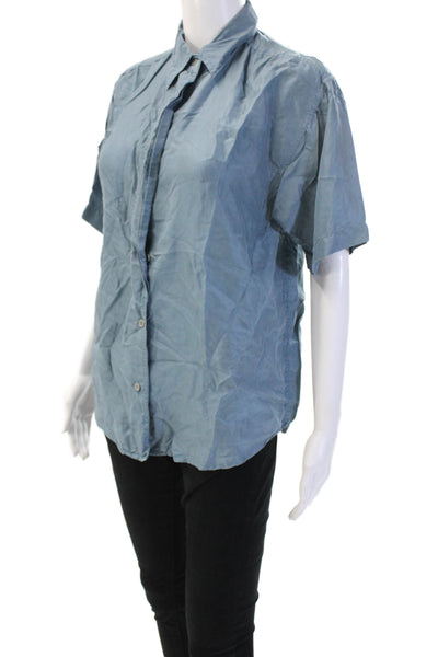 Pure Silk Mens Button-Down Collared Silk Shirt Blue Long Sleeve Size S