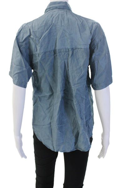 Pure Silk Mens Button-Down Collared Silk Shirt Blue Long Sleeve Size S