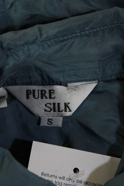 Pure Silk Mens Button-Down Collared Silk Shirt Blue Long Sleeve Size S
