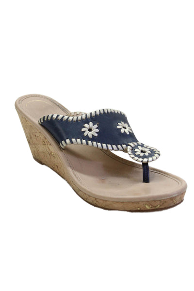Jack Rogers Womens Wedge Heel T Strap Sandals Navy Leather Size 38