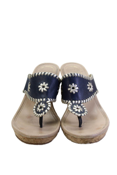 Jack Rogers Womens Wedge Heel T Strap Sandals Navy Leather Size 38