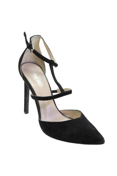 Nine West Womens Stiletto Ankle Strap Pointed Toe Pumps Black Suede Size 8