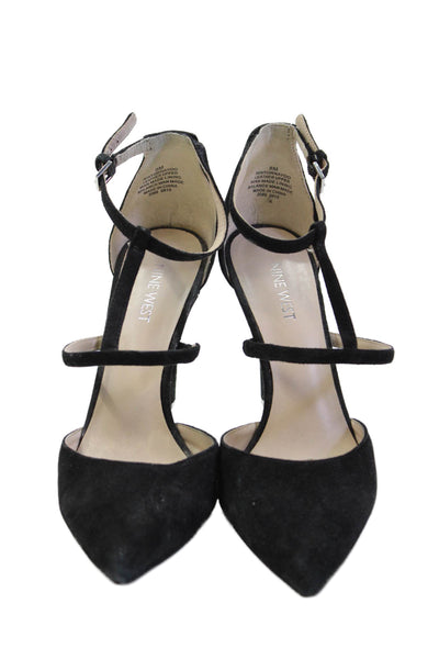Nine West Womens Stiletto Ankle Strap Pointed Toe Pumps Black Suede Size 8