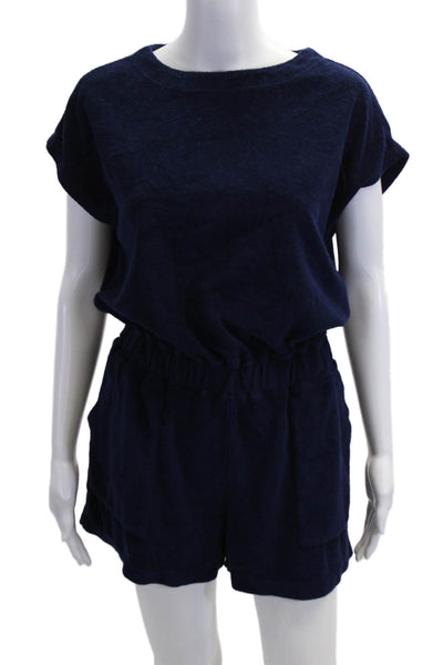 Monrow Women Dark Blue Cotton Short Sleeve Jumpsuit Romper Round Neck Size S