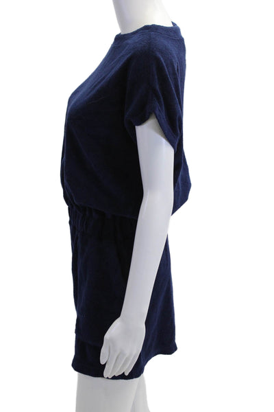 Monrow Women Dark Blue Cotton Short Sleeve Jumpsuit Romper Round Neck Size S