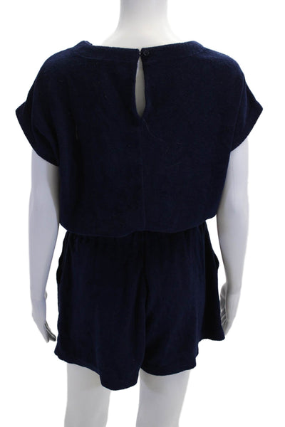 Monrow Women Dark Blue Cotton Short Sleeve Jumpsuit Romper Round Neck Size S