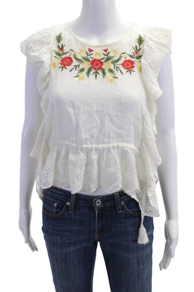 DRA Womens Bohemian Floral Cotton Round Neck Cap Sleeve Button Blouse Size S