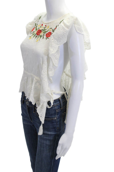 DRA Womens Bohemian Floral Cotton Round Neck Cap Sleeve Button Blouse Size S