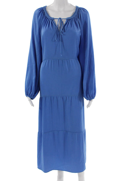 Kobi Halperin Women Blue Kaftan Maxi Dress Long Sleeve Drawstring Size 2XL