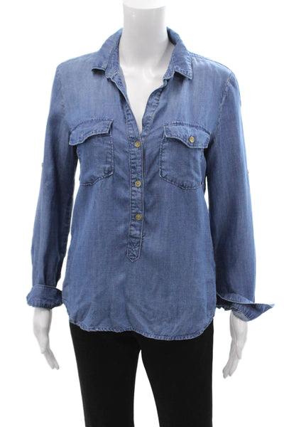 Bella Dahl Womens Button Up Tunic Blouse Long Sleeve Blue Tencel Size XS
