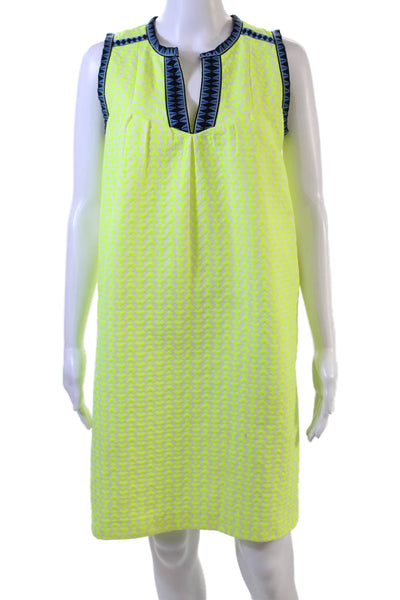 J Crew Women Shift Dress Yellow Aztec V-Neck Sleeveless Knee Length Size 2
