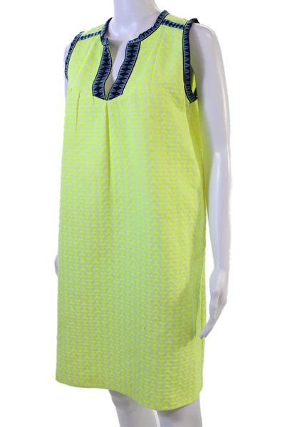 J Crew Women Shift Dress Yellow Aztec V-Neck Sleeveless Knee Length Size 2
