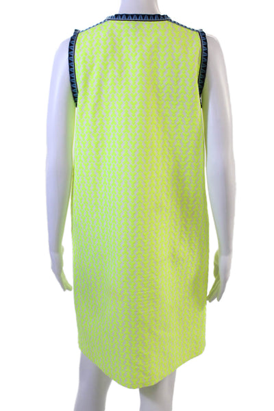 J Crew Women Shift Dress Yellow Aztec V-Neck Sleeveless Knee Length Size 2