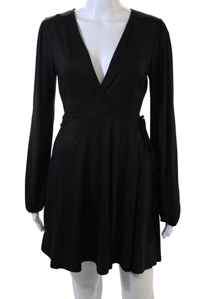Sadie & Sage Womens Wrap Mini Dress Black Long Sleeve V Neck Size S
