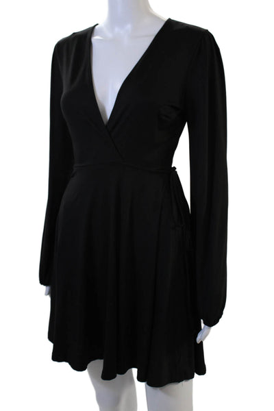 Sadie & Sage Womens Wrap Mini Dress Black Long Sleeve V Neck Size S