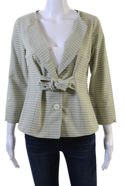 Anni Kuan Women Green Geometric V-Neck 3/4 Sleeve Cotton Lycra Blazer Size S