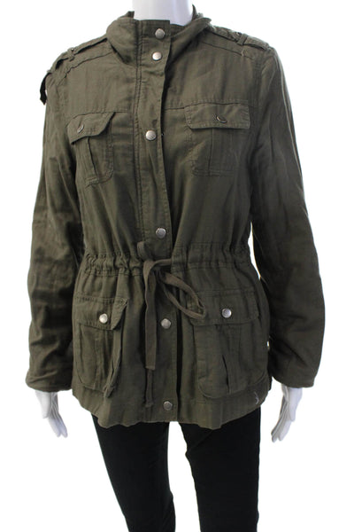 Flying Tomato Womens Military Jacket Green Cotton Drawstring High Neck Size L