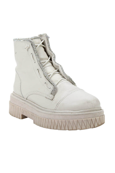 Schutz Womens Crystal Embellished Combat Boots Shoes Beige Size 6B