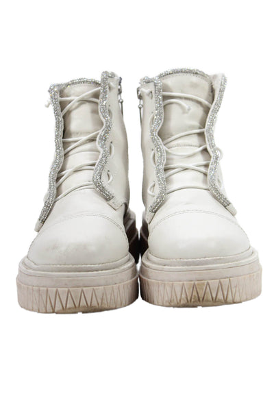 Schutz Womens Crystal Embellished Combat Boots Shoes Beige Size 6B