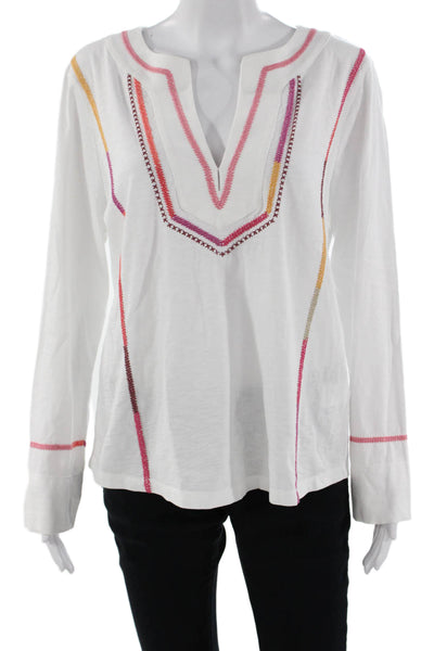 Nic + Zoe Womens Tunic Blouse V-Neck Long Sleeve White 100% Cotton Size L