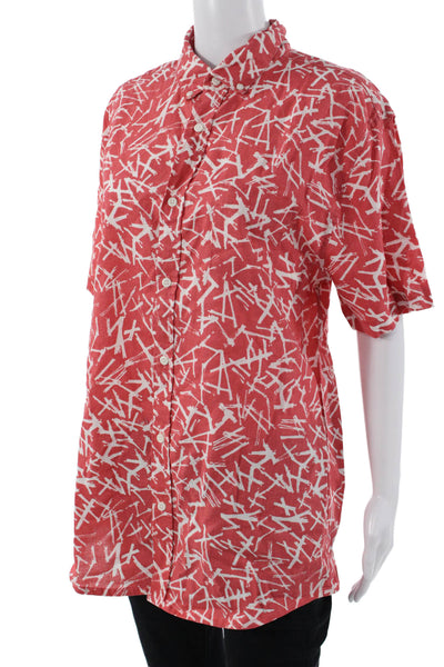 ONIA Womens Tunic Button Up Red Geometric Short Sleeve Linen Cotton Size M