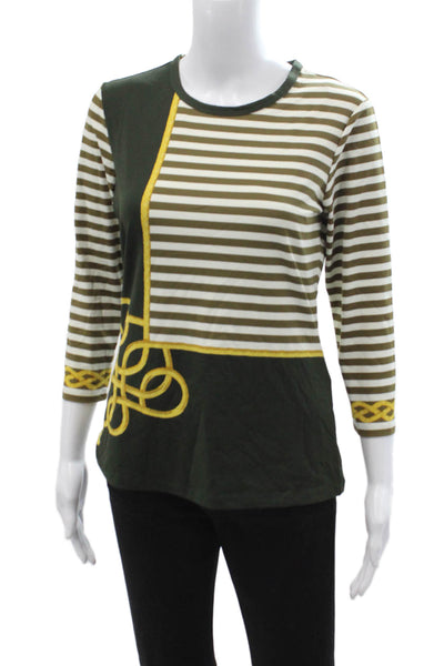 J. Mclaughlin Women Jersey Striped Army Crew Neck 3/4 Sleeve Tee Green Size S
