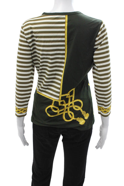 J. Mclaughlin Women Jersey Striped Army Crew Neck 3/4 Sleeve Tee Green Size S