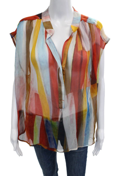 Plenty by Tracy Reese Womens Silk Geometric Button Short Sleeve Blouse Size L