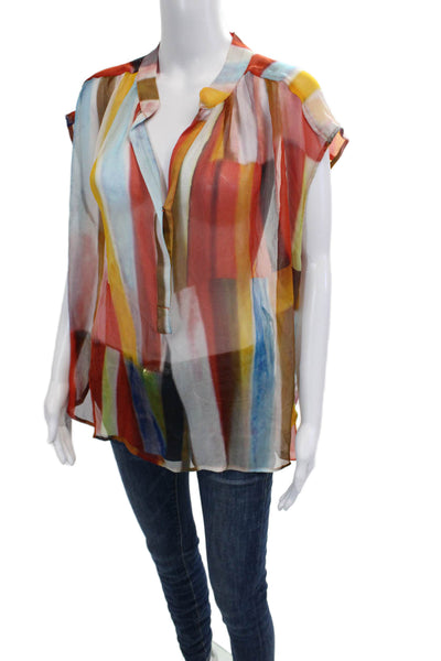 Plenty by Tracy Reese Womens Silk Geometric Button Short Sleeve Blouse Size L