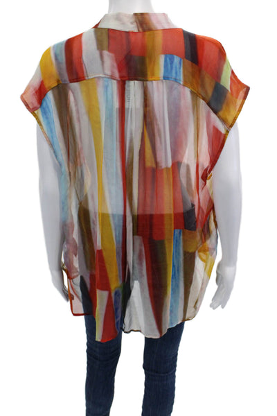 Plenty by Tracy Reese Womens Silk Geometric Button Short Sleeve Blouse Size L